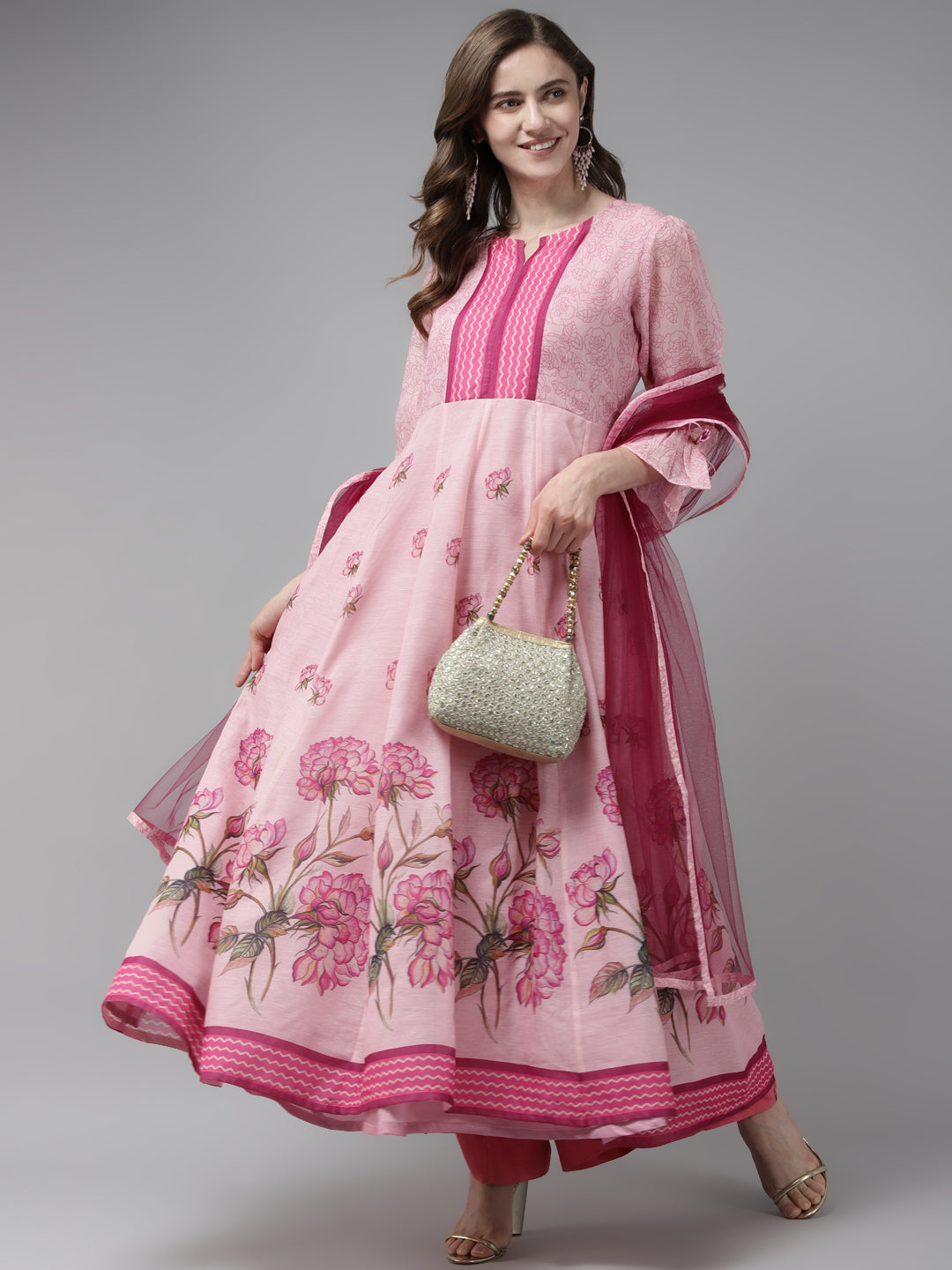 Women's Pink Floral Printed Floral Chanderi Silk Anarkali Kurta With Dupatta - Bhama Couture