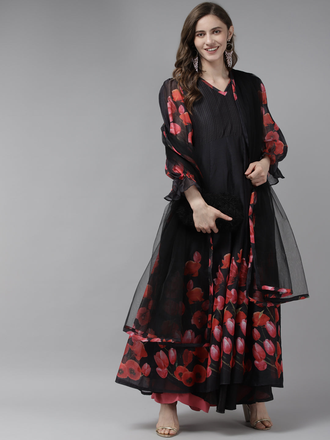 Women's Black Floral Printed Chanderi Silk Anarkali Kurta With Dupatta - Bhama Couture