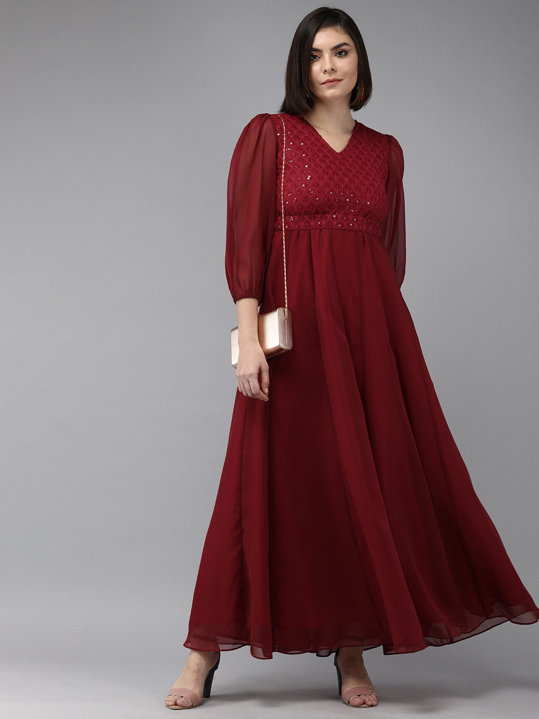 Women's Maroon Geogette Sequence Embellished Maxi Dress - Bhama Couture