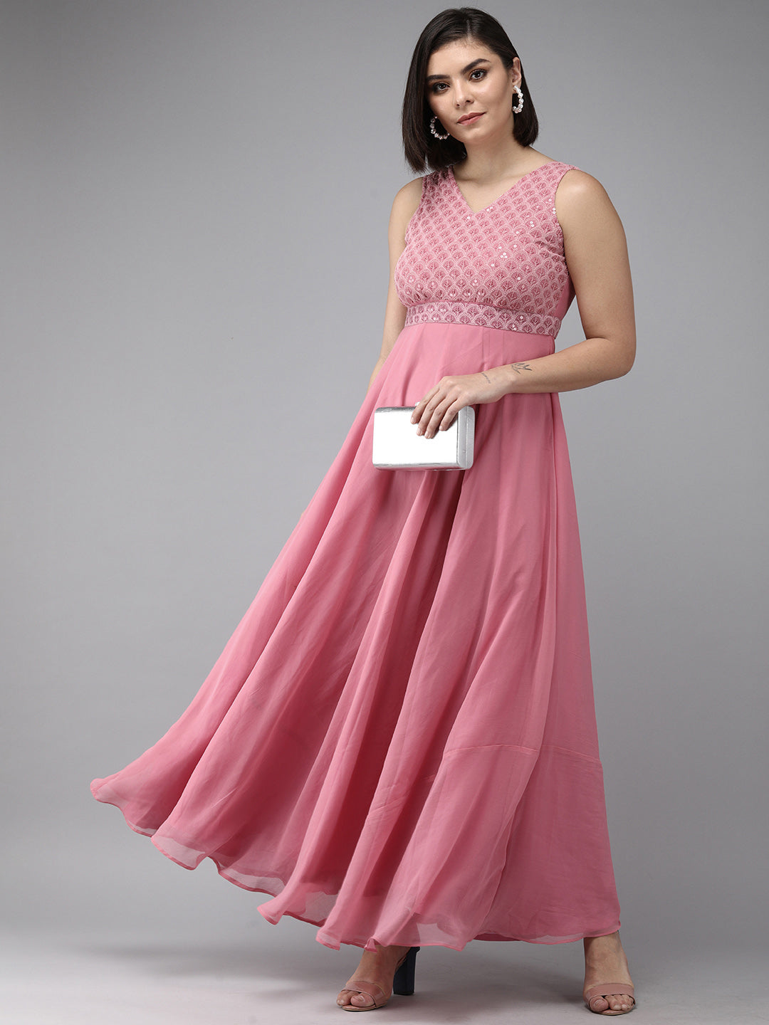 Women's Onion Pink Geogette Sequence Embellished Maxi Dress - Bhama Couture