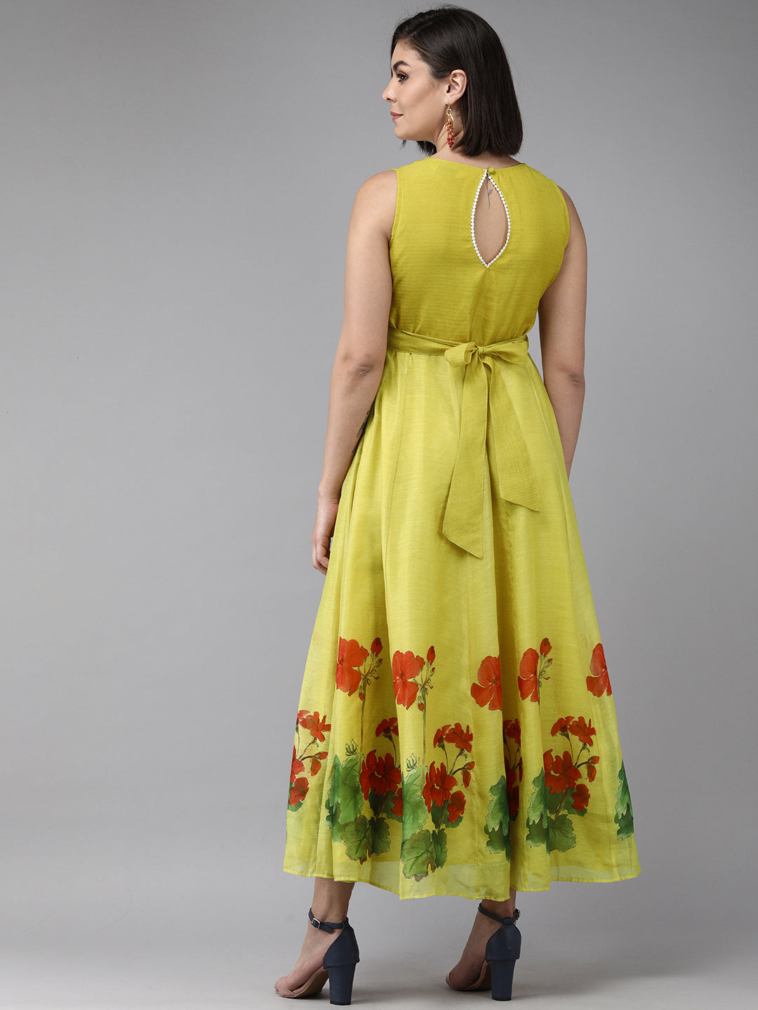 Women's Yellow Floral Chanderi Silk Maxi Dress - Bhama Couture