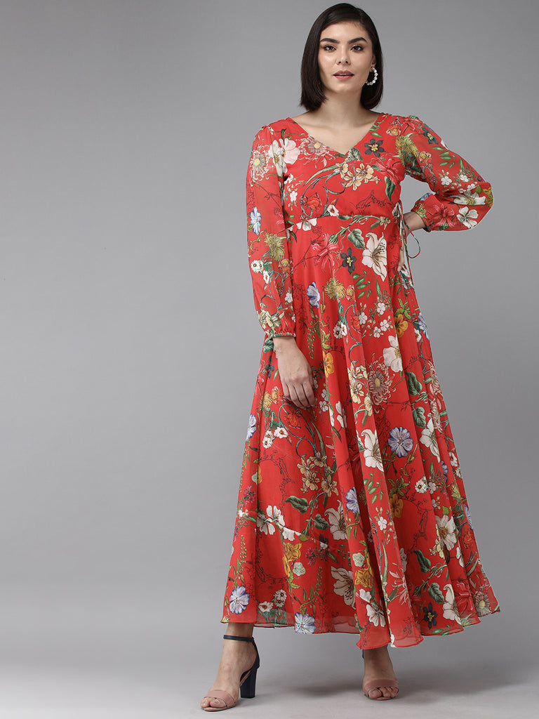 Women's Red Floral Geogette Maxi Dress