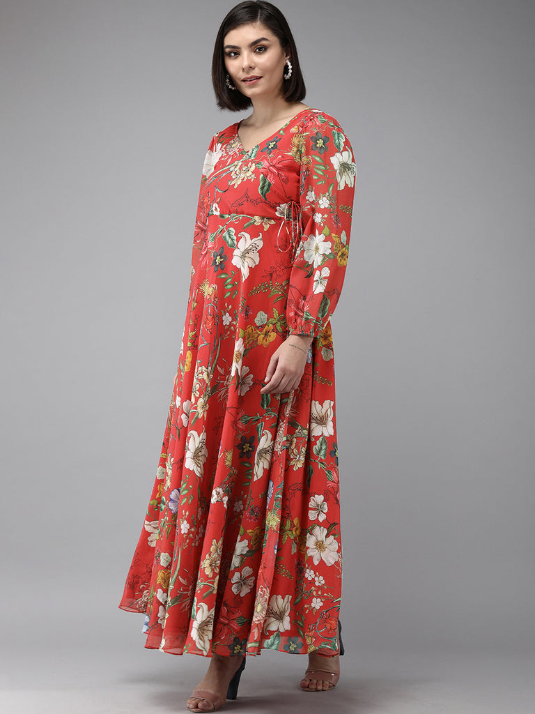 Women's Red Floral Geogette Maxi Dress
