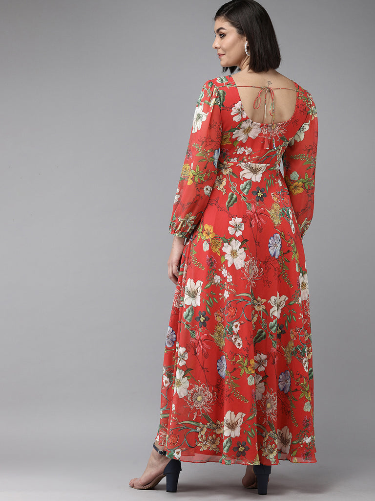 Women's Red Floral Geogette Maxi Dress