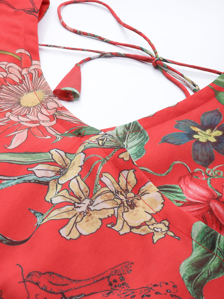 Women's Red Floral Geogette Maxi Dress