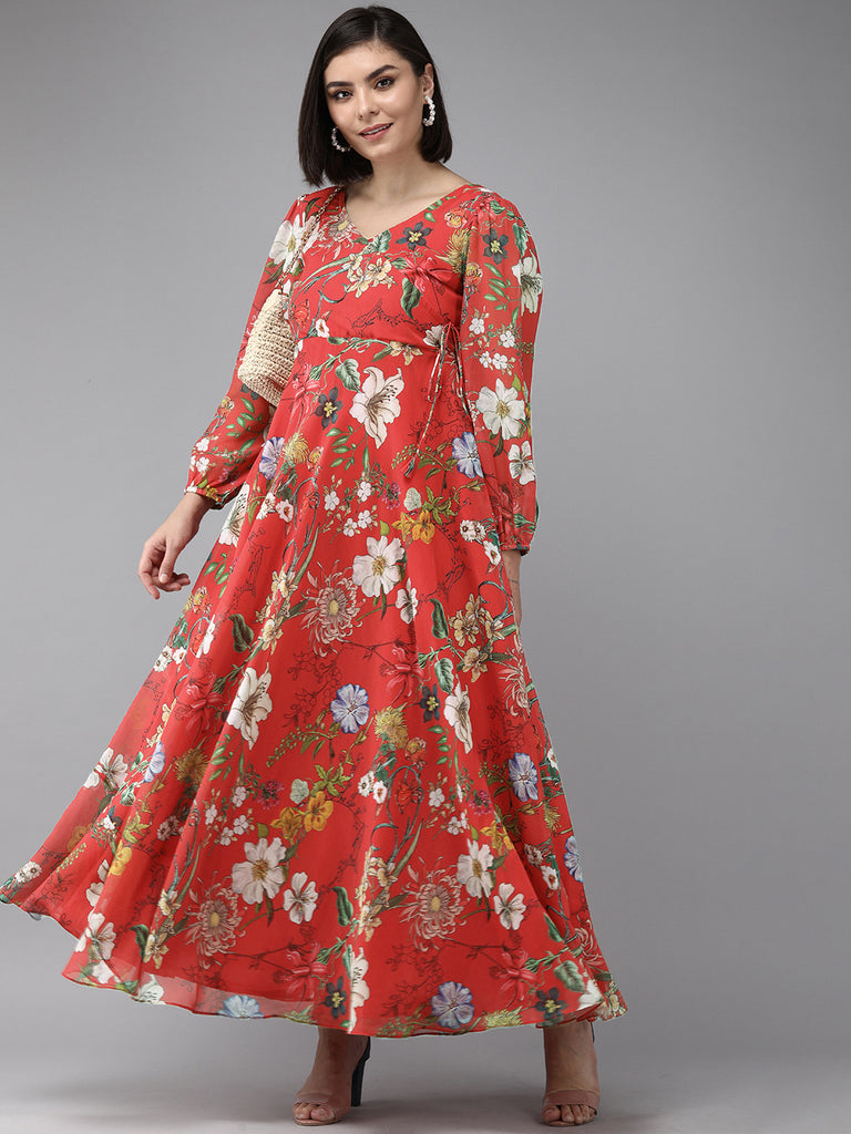 Women's Red Floral Geogette Maxi Dress