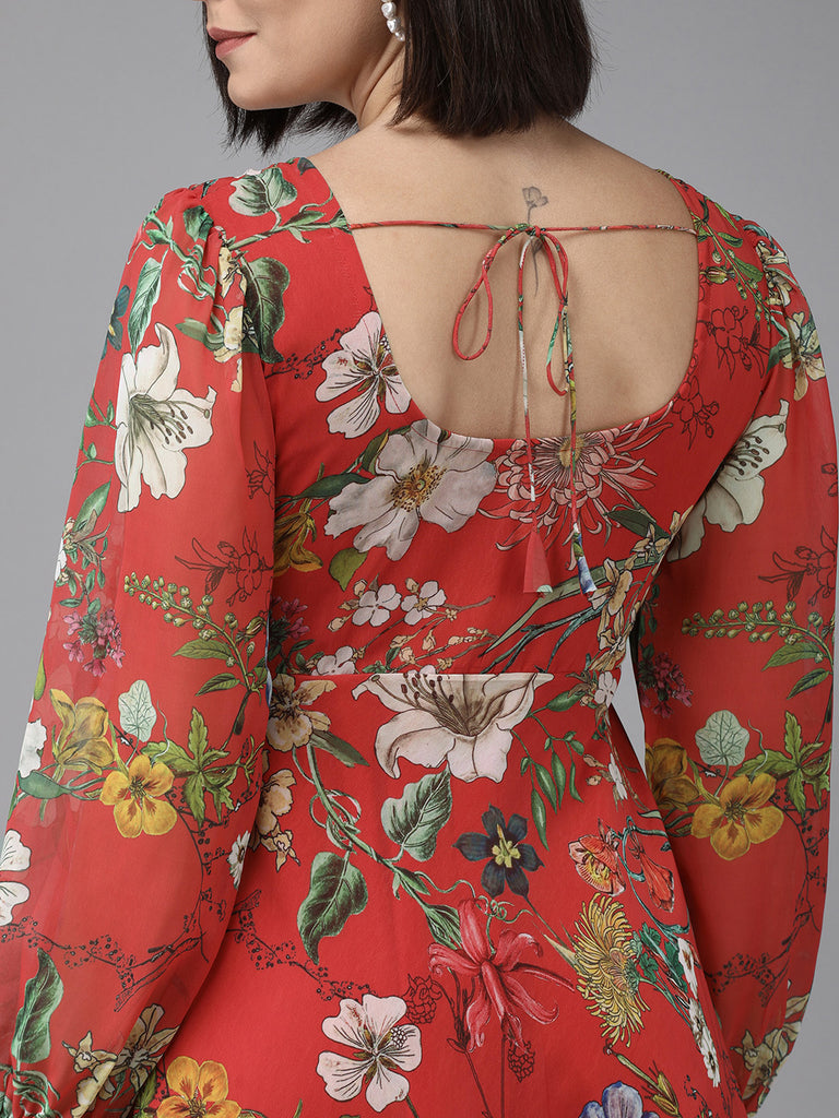 Women's Red Floral Geogette Maxi Dress