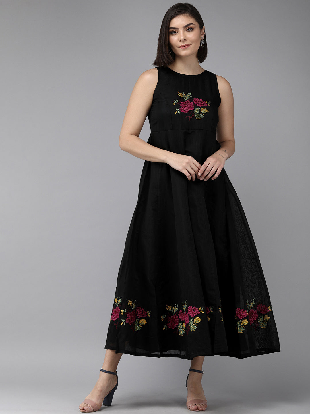 Women's Black Embroidered Chanderi Silk Maxi Dress - Bhama Couture