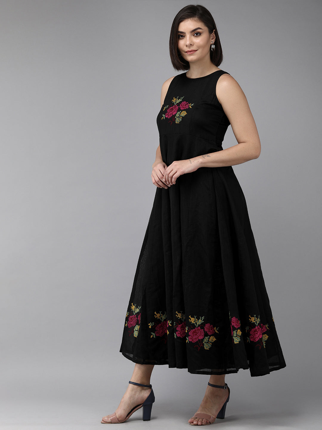 Women's Black Embroidered Chanderi Silk Maxi Dress - Bhama Couture
