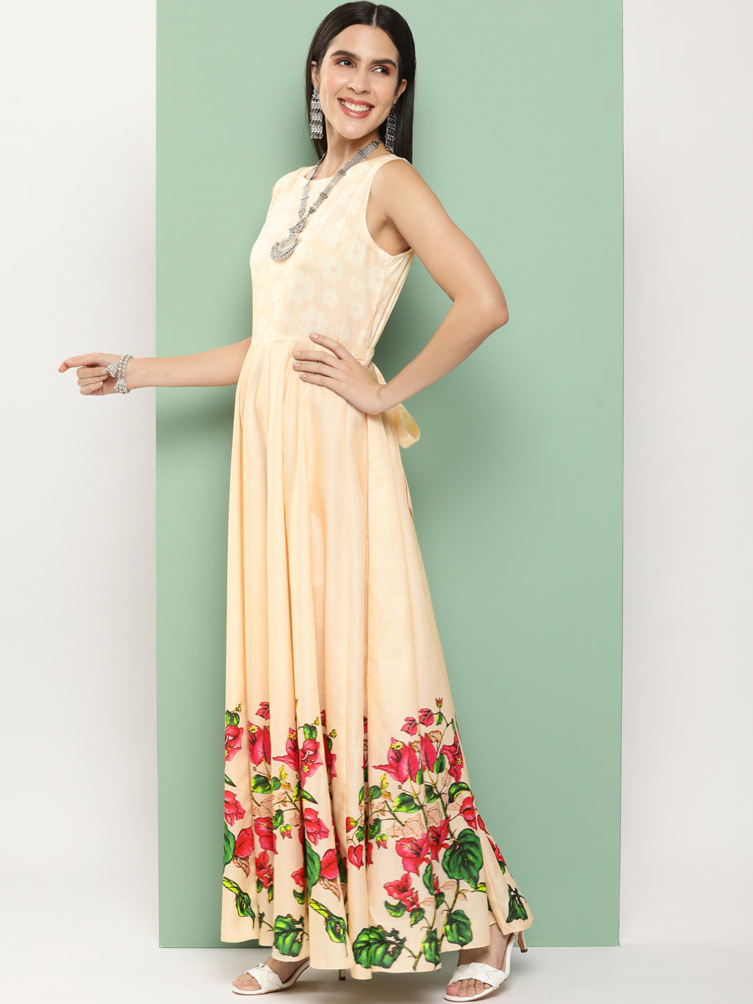 Women's Beige Printed Long Dress With Waist Belt - Bhama Couture