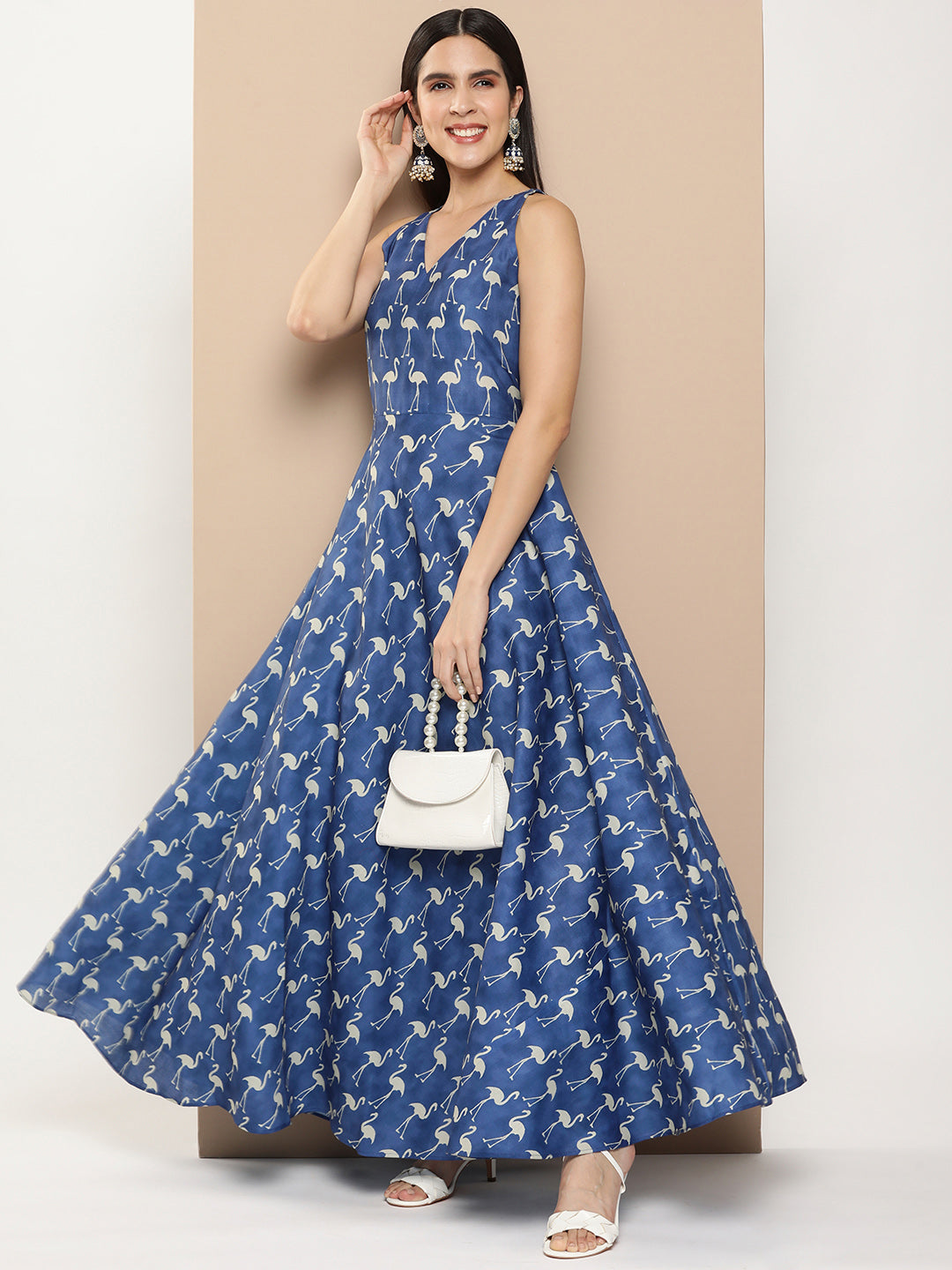 Women's Navy Blue Printed Long Dress With Waist Belt - Bhama Couture