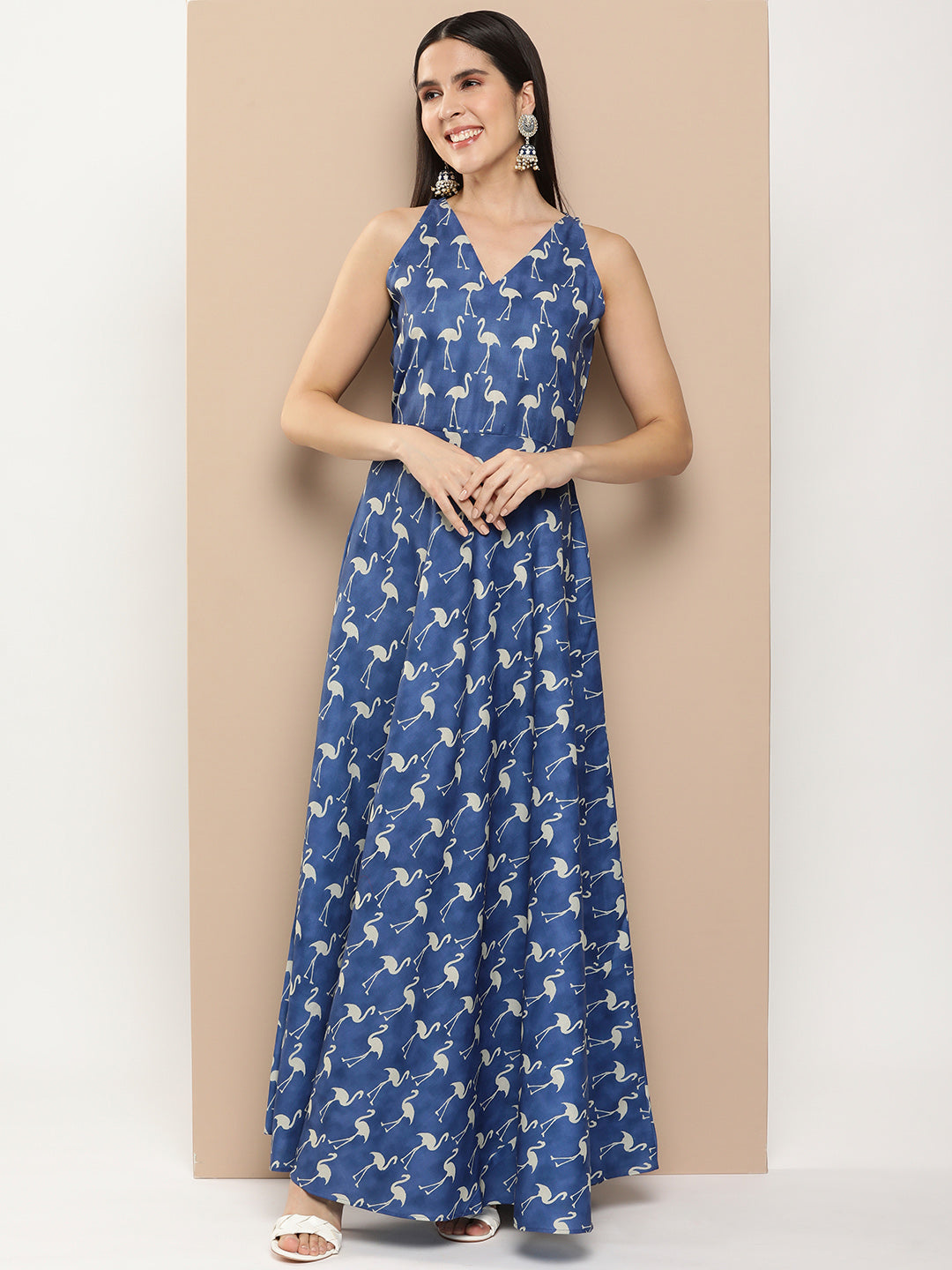 Women's Navy Blue Printed Long Dress With Waist Belt - Bhama Couture