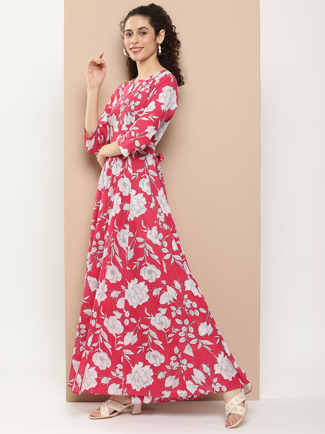 Women's Pink Printed Long Dress With Waist Belt - Bhama Couture