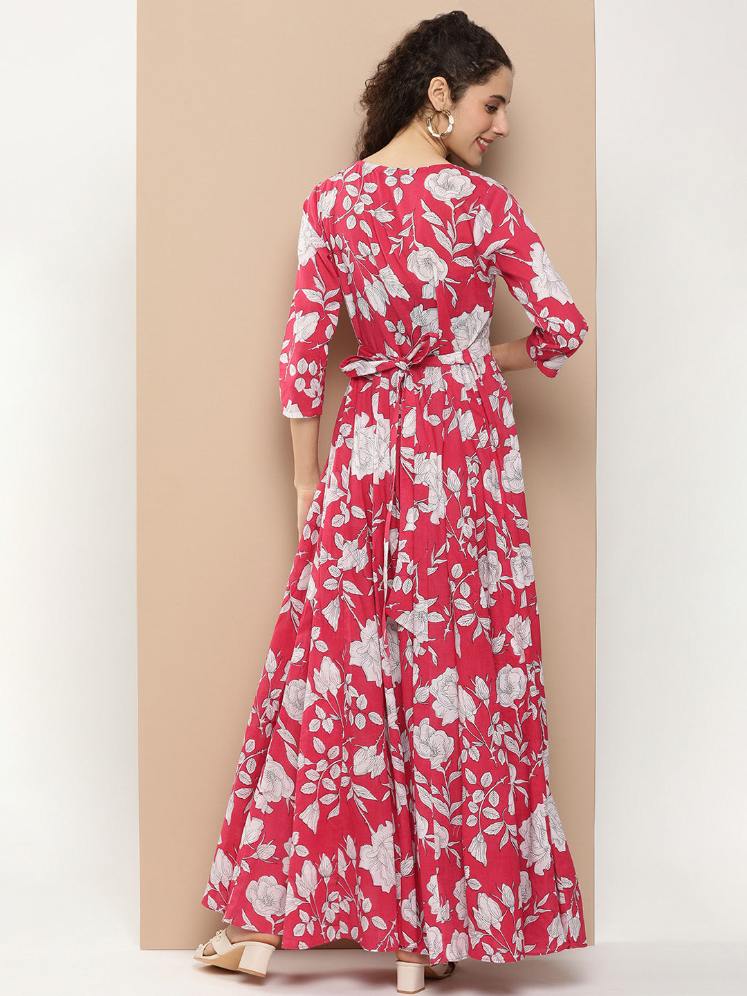 Women's Pink Printed Long Dress With Waist Belt - Bhama Couture