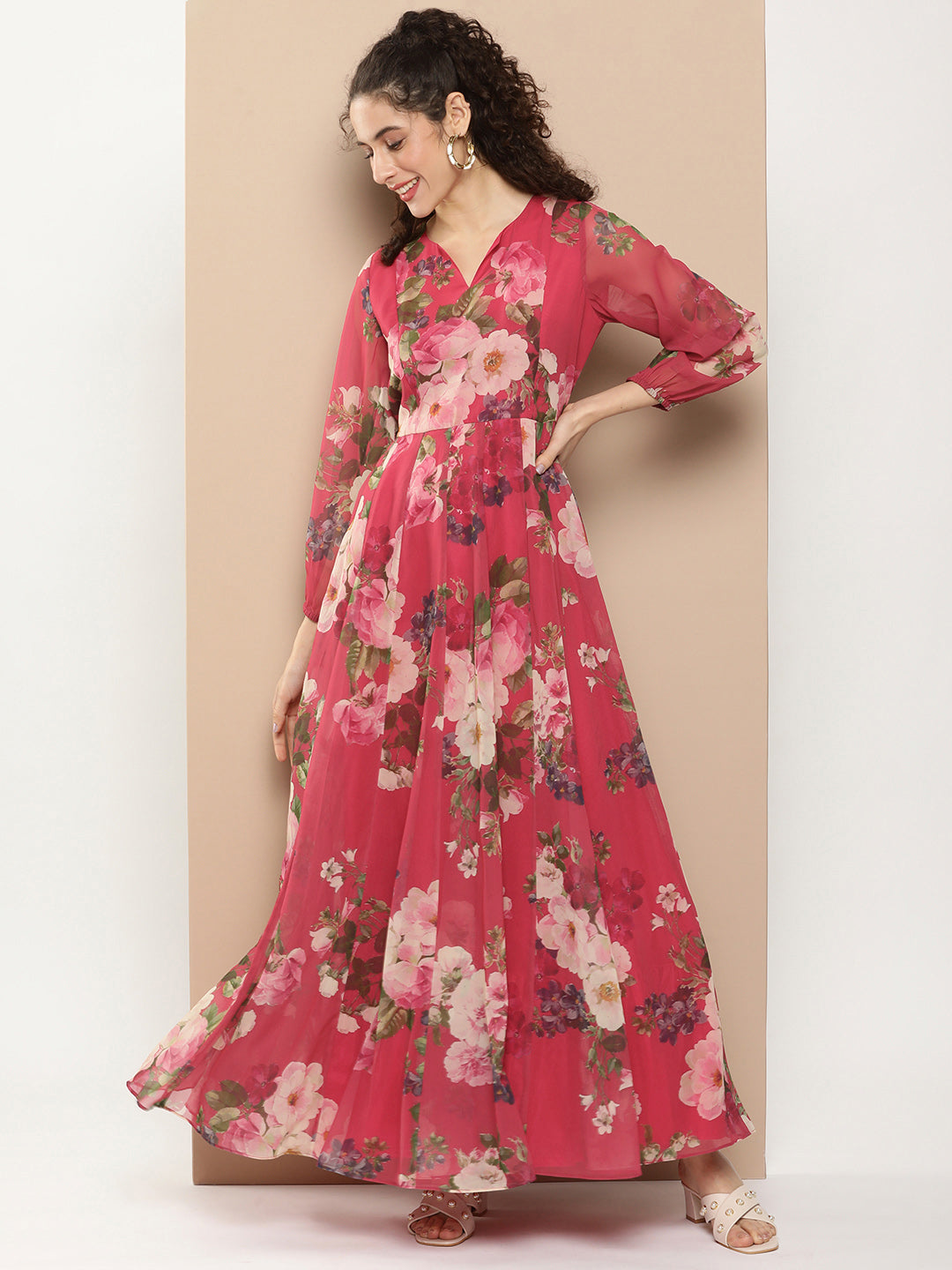 Women's Fuchsia Printed Long Dress With Waist Belt - Bhama Couture