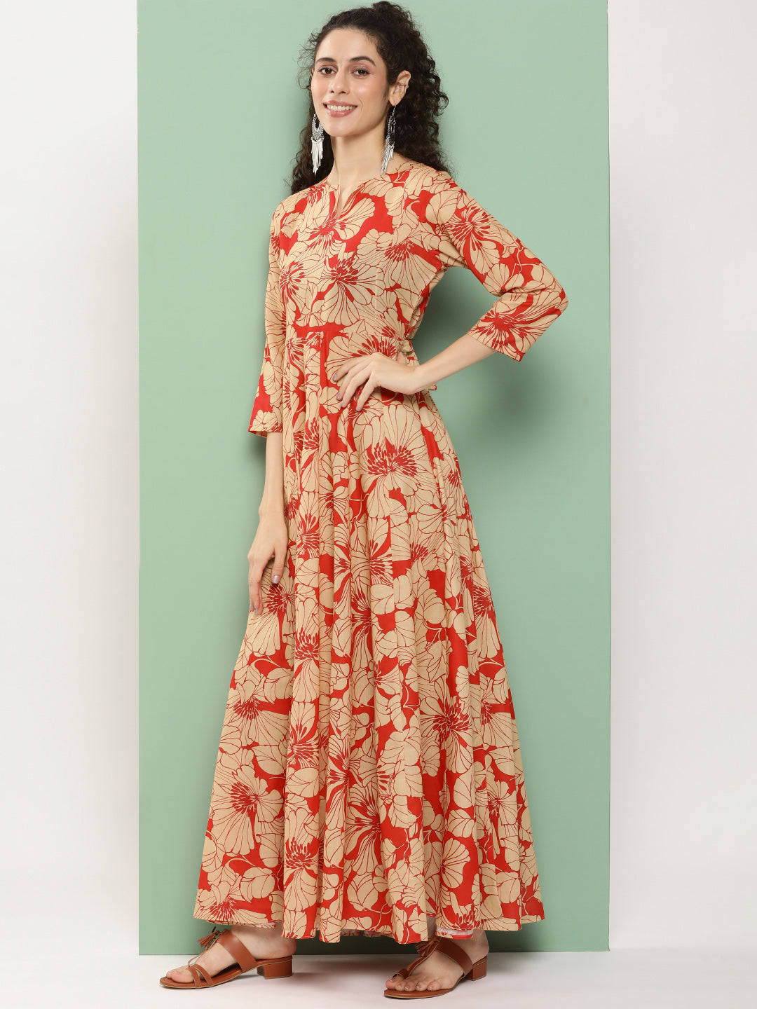 Women's Red Printed Long Dress With Waist Belt - Bhama Couture