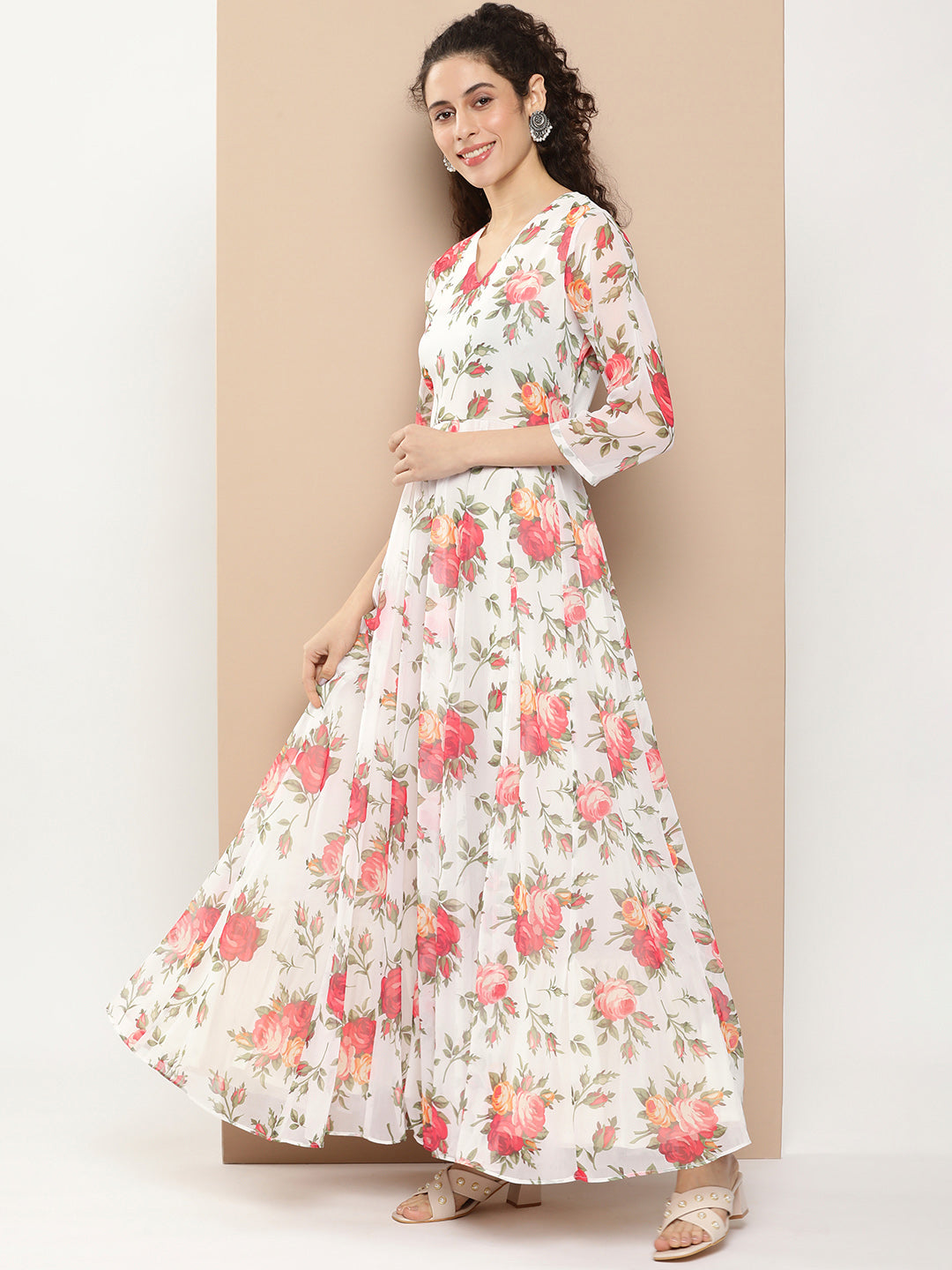 Women's White Printed Long Dress With Waist Belt - Bhama Couture