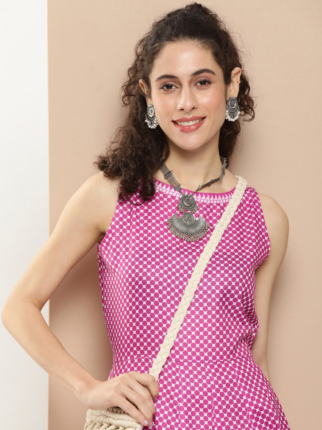 Women's Pink Polka Dots Long Dress With Waist Belt - Bhama Couture