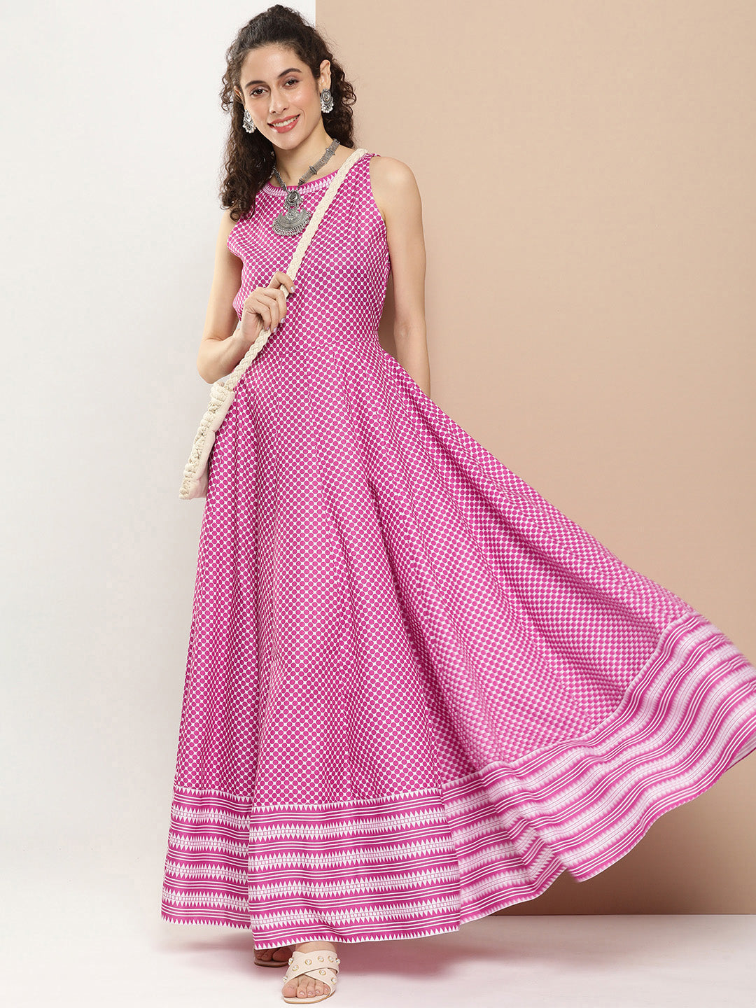Women's Pink Polka Dots Long Dress With Waist Belt - Bhama Couture