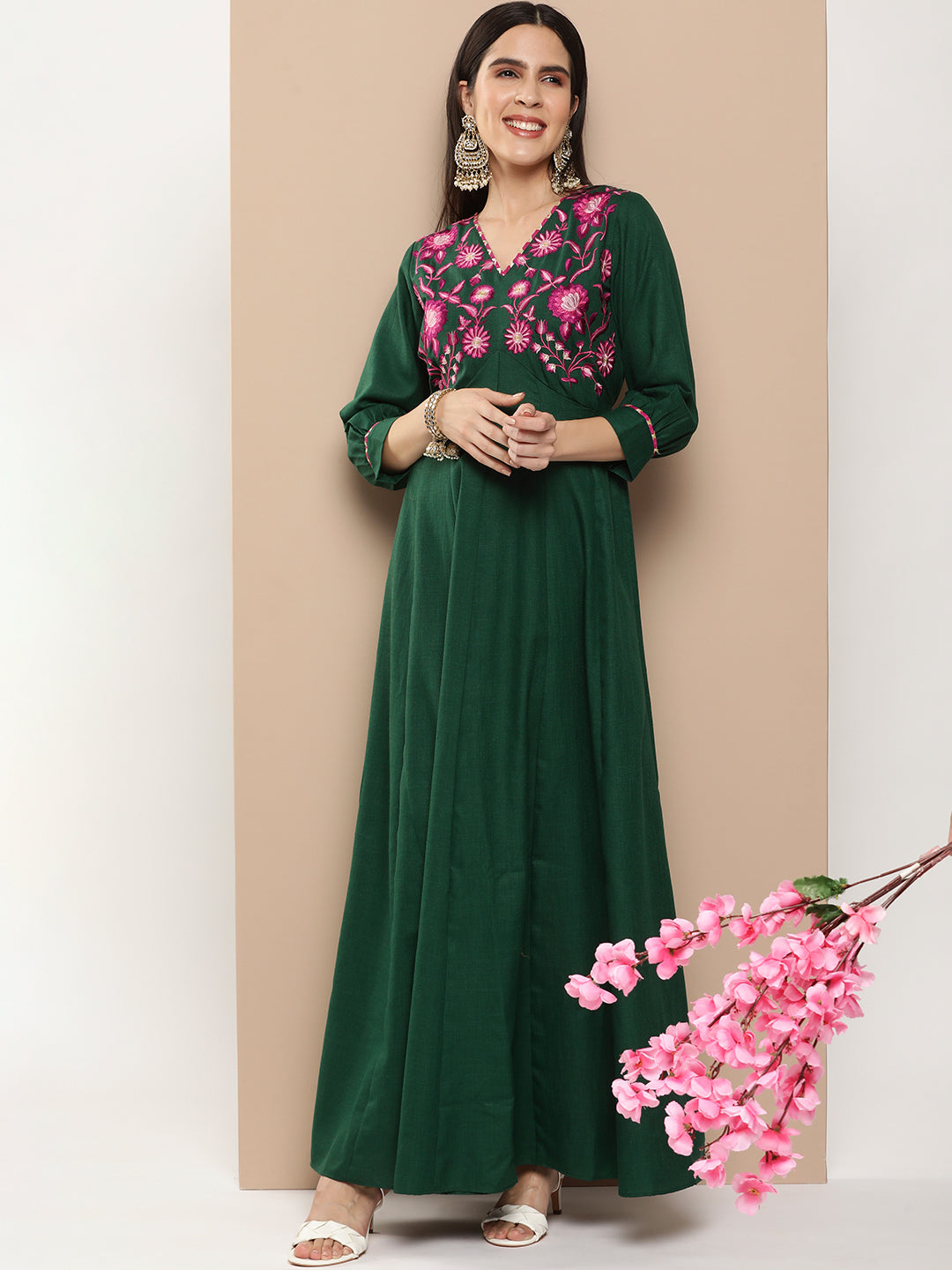 Women's Green Embroidered Long Dress With Waist Belt - Bhama Couture