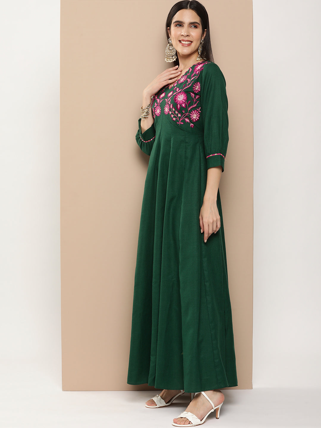 Women's Green Embroidered Long Dress With Waist Belt - Bhama Couture