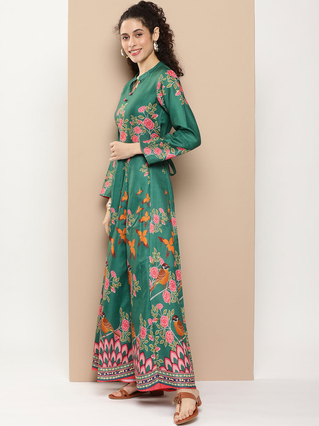 Women's Green Printed Long Dress With Waist Belt - Bhama Couture