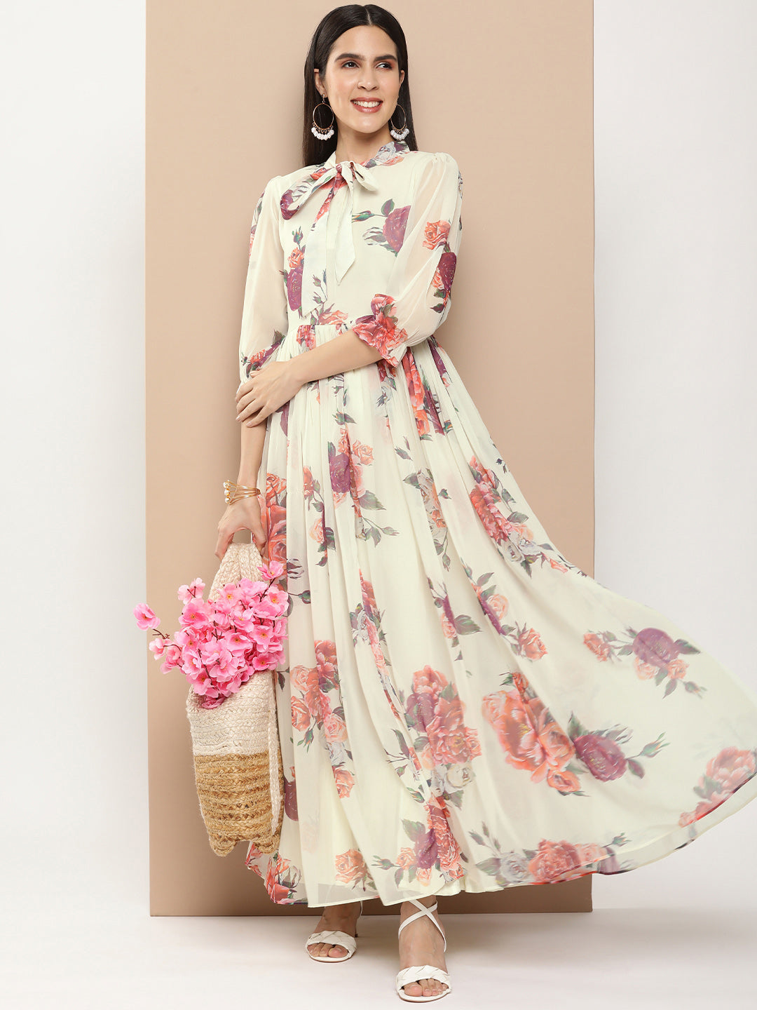 Women's Off White Printed Long Dress With Waist Belt - Bhama Couture