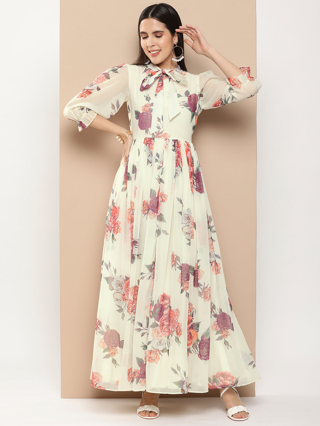 Women's Off White Printed Long Dress With Waist Belt - Bhama Couture