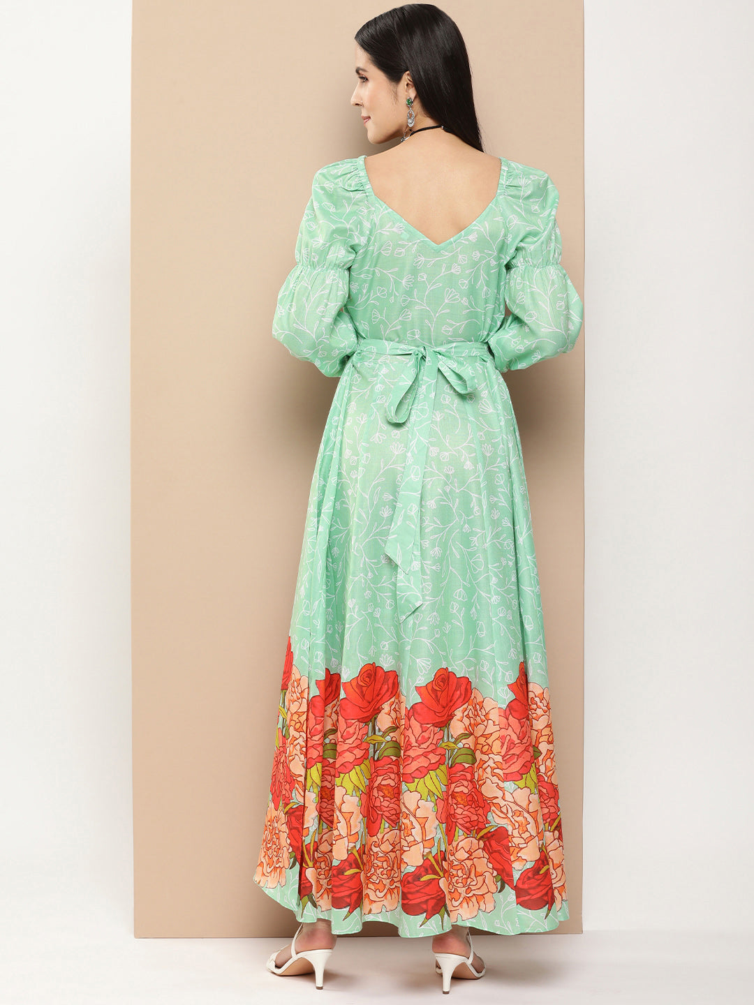 Women's Green Printed Long Dress With Waist Belt - Bhama Couture