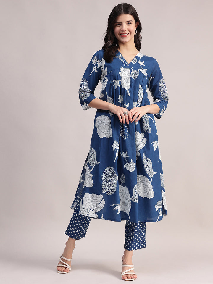 Women's Blue Cotton A-Line Kurta Sets