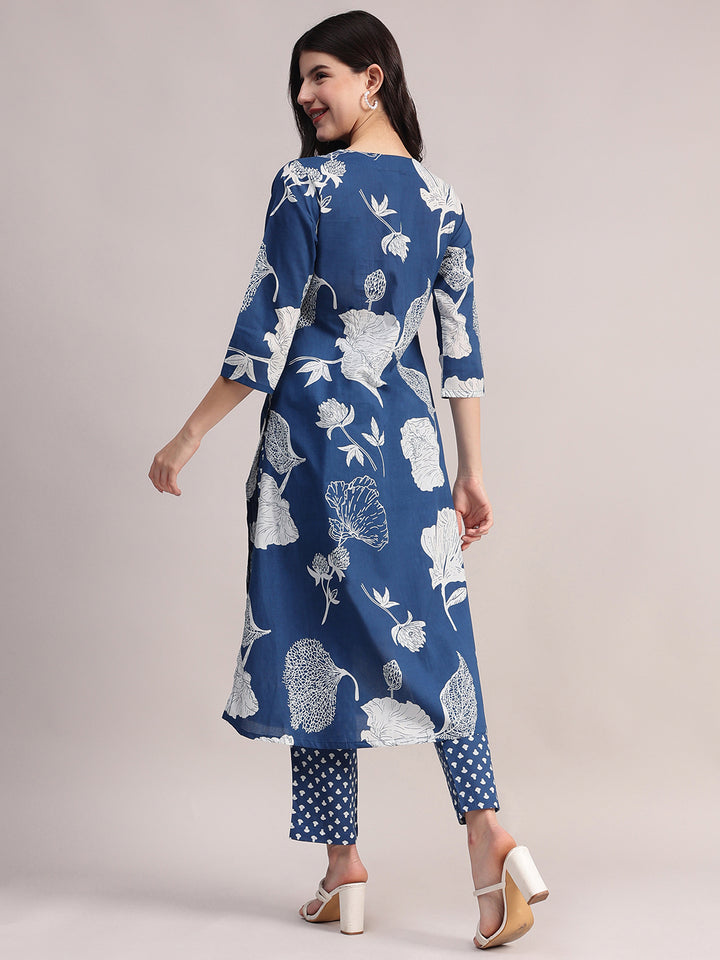 Women's Blue Cotton A-Line Kurta Sets