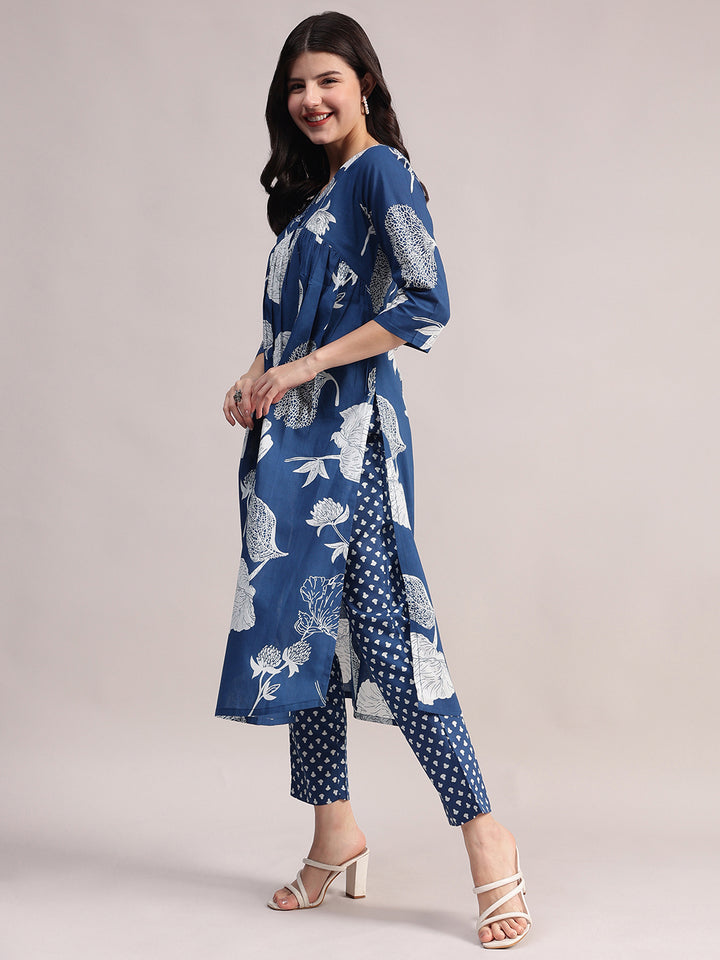 Women's Blue Cotton A-Line Kurta Sets