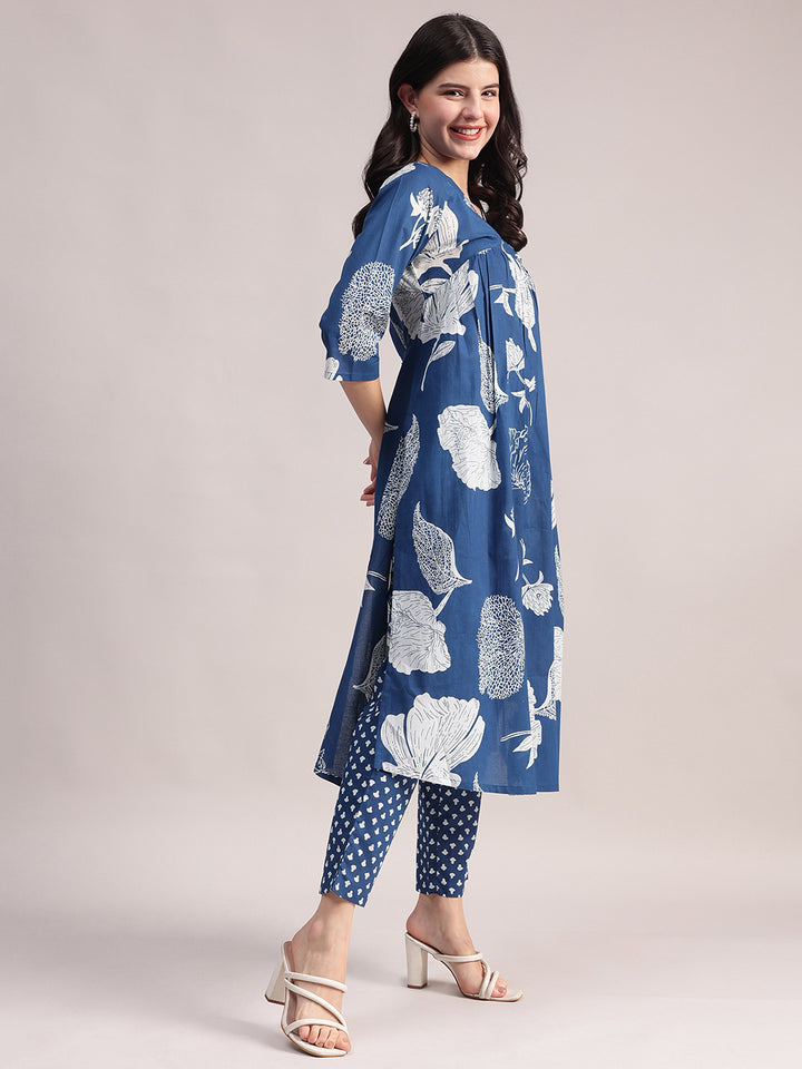 Women's Blue Cotton A-Line Kurta Sets