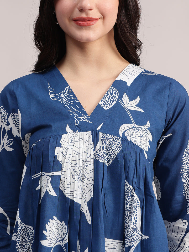 Women's Blue Cotton A-Line Kurta Sets