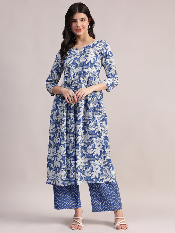 Women's Blue Cotton A-Line Kurta Sets