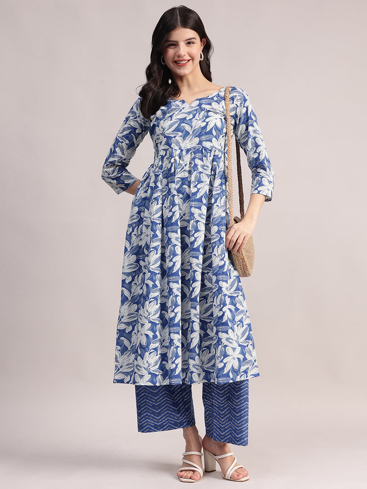 Women's Blue Cotton A-Line Kurta Sets