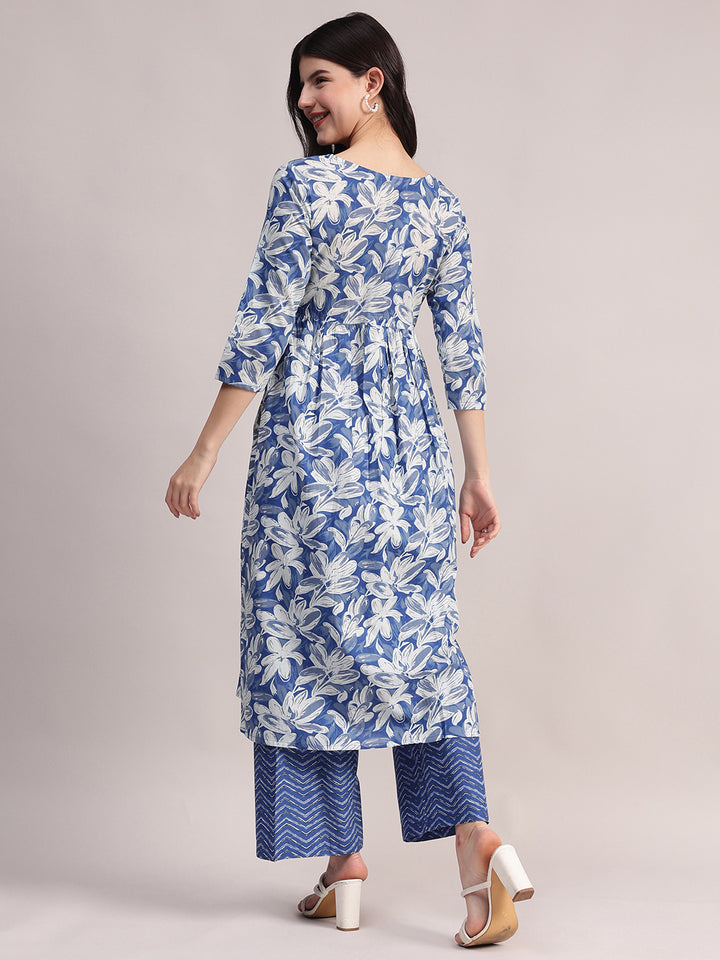 Women's Blue Cotton A-Line Kurta Sets