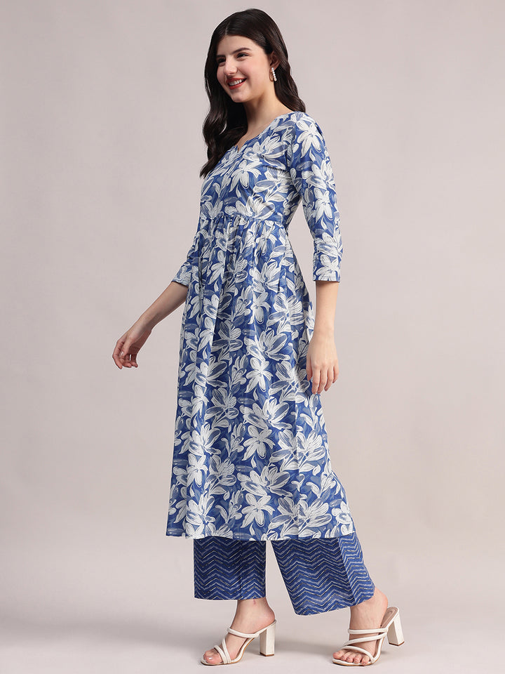 Women's Blue Cotton A-Line Kurta Sets