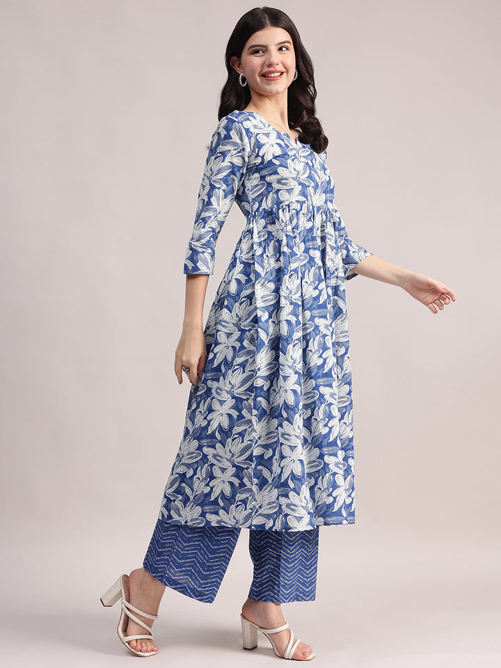 Women's Blue Cotton A-Line Kurta Sets