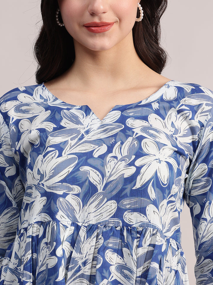 Women's Blue Cotton A-Line Kurta Sets