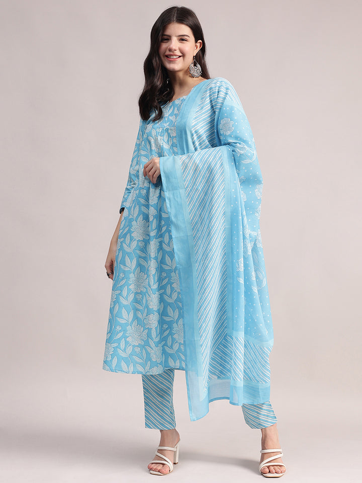 Women's Sky Blue Cotton A-Line Kurta Sets