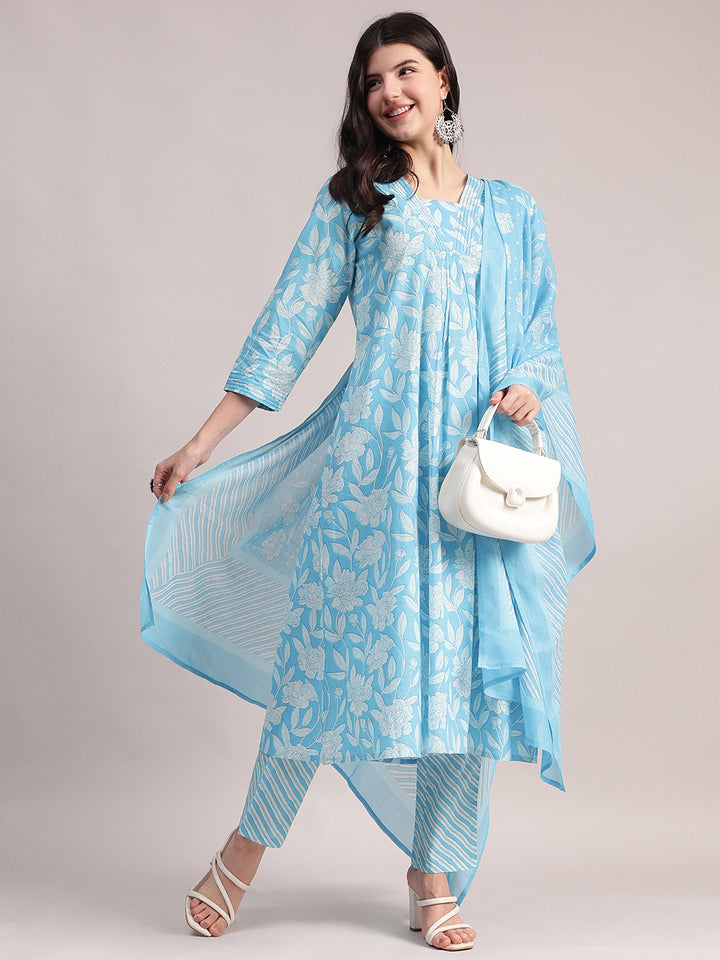Women's Sky Blue Cotton A-Line Kurta Sets