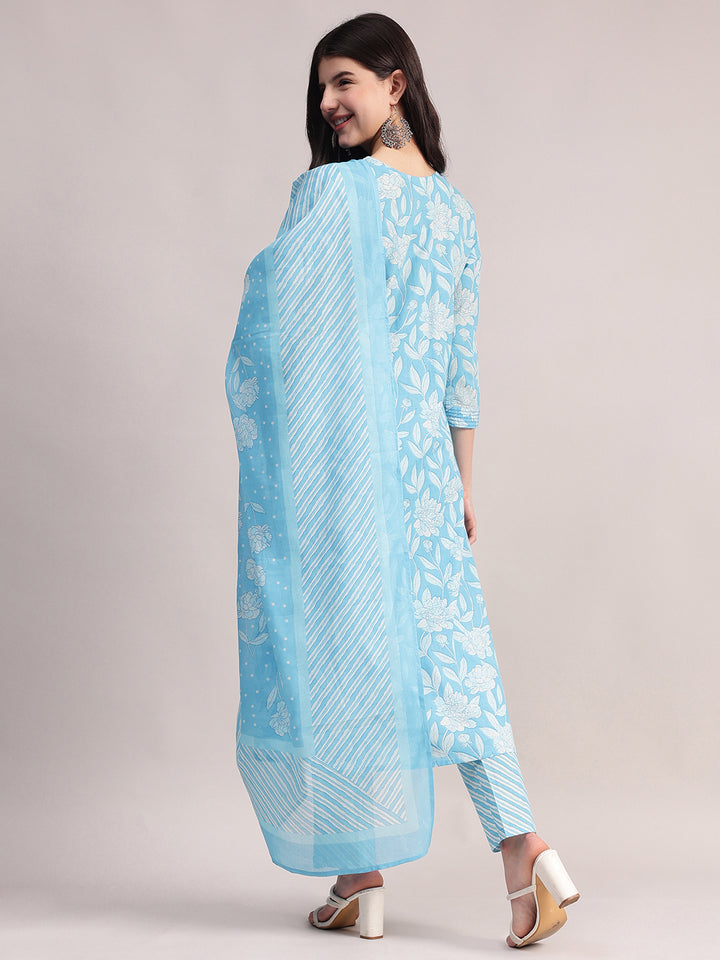 Women's Sky Blue Cotton A-Line Kurta Sets