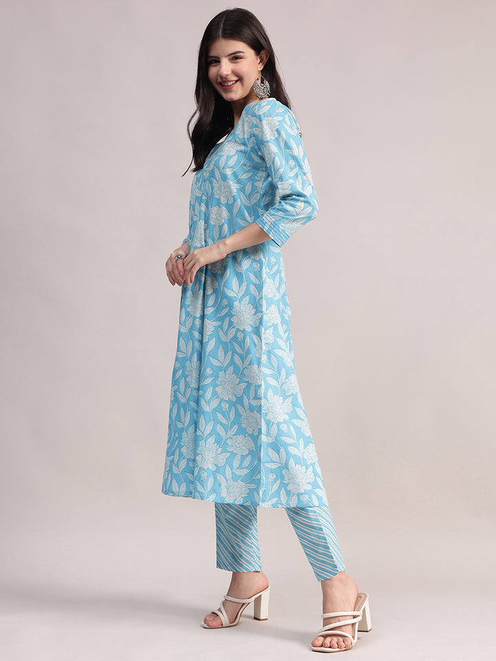 Women's Sky Blue Cotton A-Line Kurta Sets
