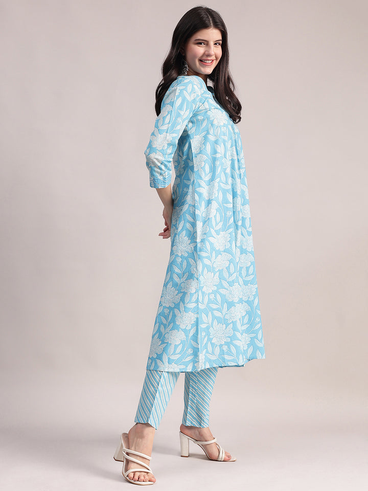 Women's Sky Blue Cotton A-Line Kurta Sets