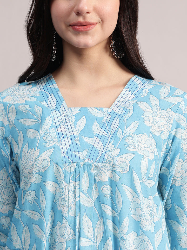 Women's Sky Blue Cotton A-Line Kurta Sets