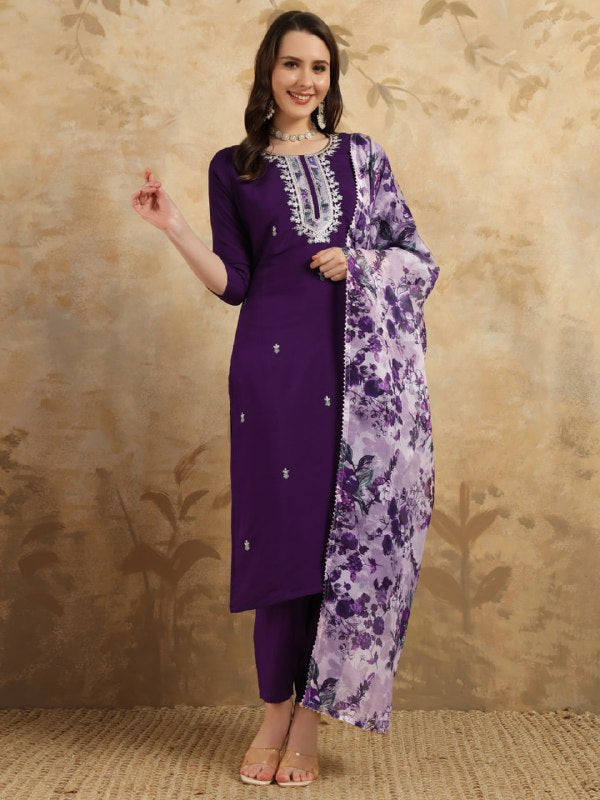 Women's Purple Chanderi Embroidery Kurta sets