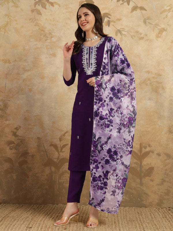Women's Purple Chanderi Embroidery Kurta sets