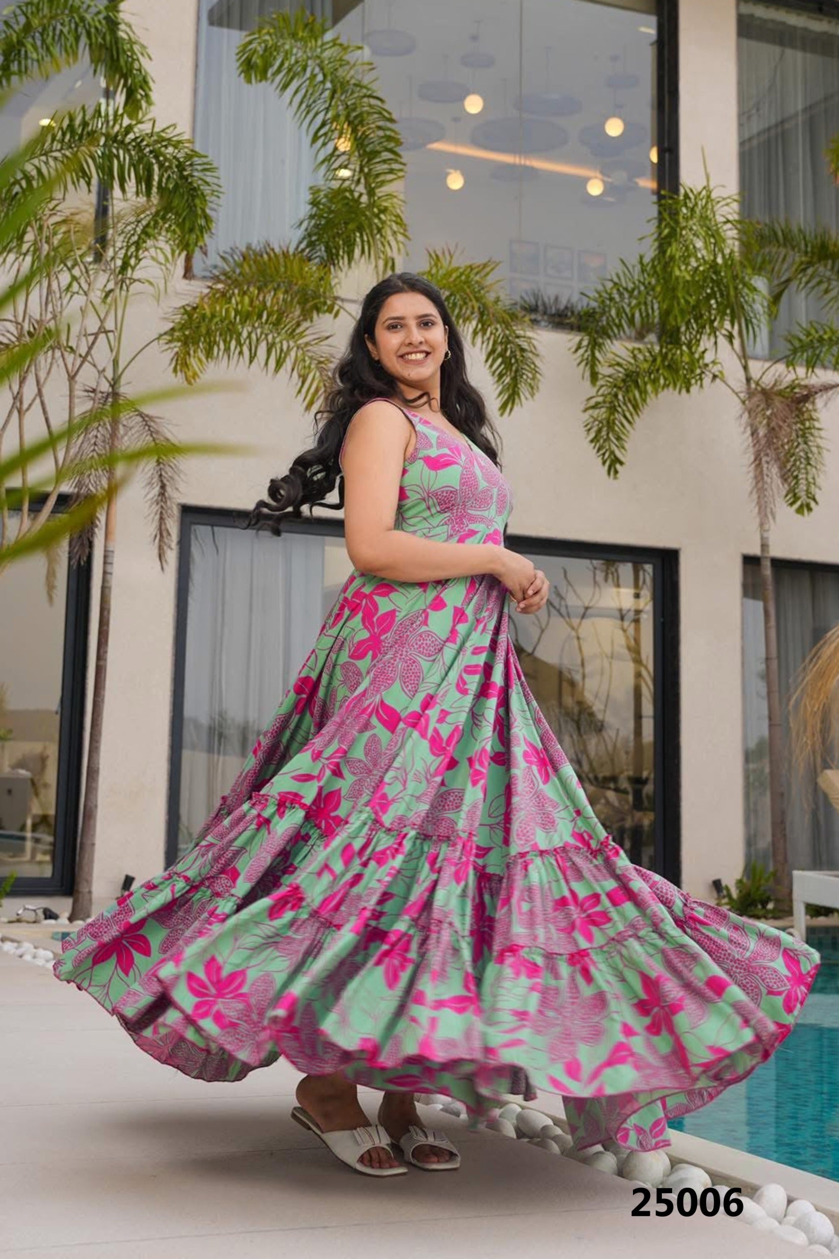 Women's Green Heavy Rayon Heavy Digital Printed Gown