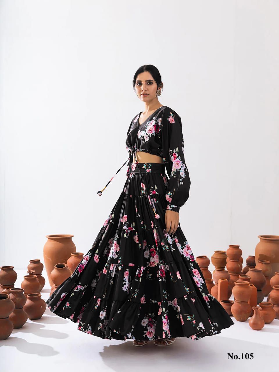 Women's Black Heavy Airtex Chinon Heavy Digital Print Lehenga Set - Aazuri